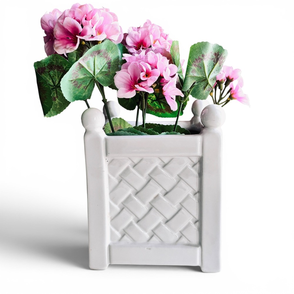 Teleflora White Ceramic Planter Basket Weave Cachepot Hollywood Regency Pot